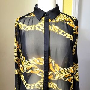Beautiful Black Sheer Button Down Blouse with Gold Chain Pattern size Large